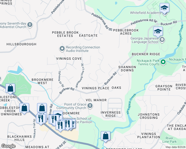 map of restaurants, bars, coffee shops, grocery stores, and more near 1153 Vinings Place Way Southeast in Mableton