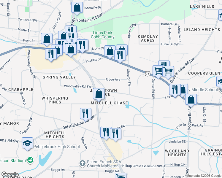 map of restaurants, bars, coffee shops, grocery stores, and more near 547 Ridge Avenue in Mableton