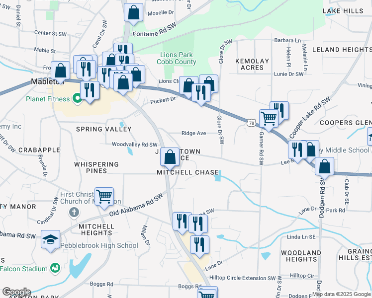 map of restaurants, bars, coffee shops, grocery stores, and more near 547 Ridge Avenue in Mableton