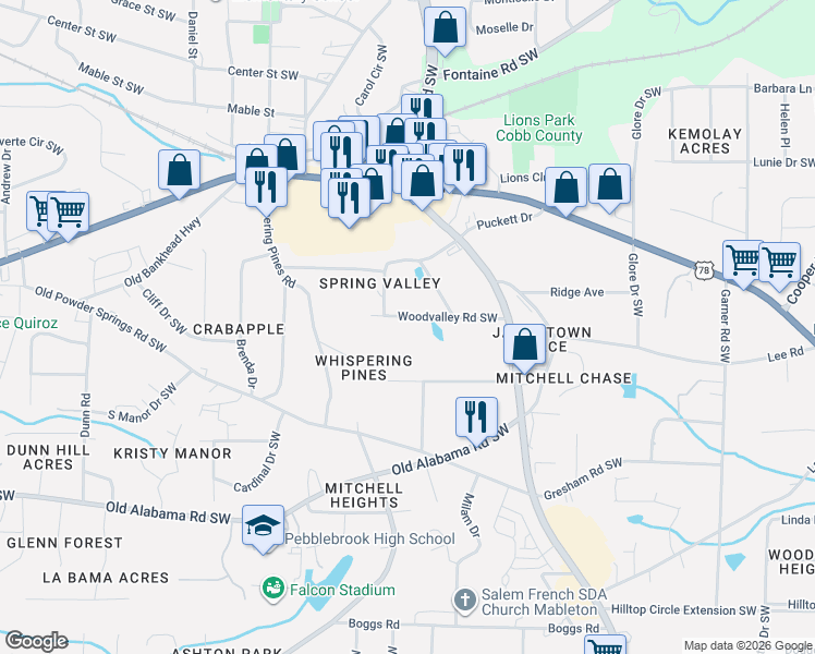 map of restaurants, bars, coffee shops, grocery stores, and more near 760 Woodvalley Road Southwest in Mableton
