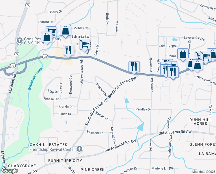 map of restaurants, bars, coffee shops, grocery stores, and more near 1736 Belcher Circle in Austell