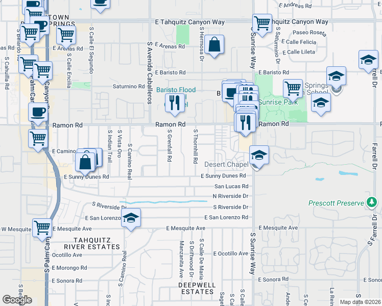 map of restaurants, bars, coffee shops, grocery stores, and more near 595 South Thornhill Road in Palm Springs