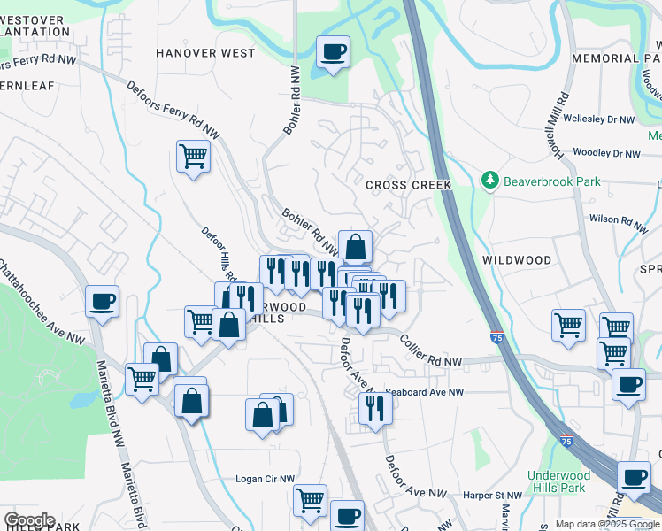 map of restaurants, bars, coffee shops, grocery stores, and more near 403 Defoors Mill Drive Northwest in Atlanta