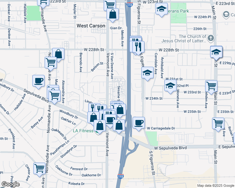 map of restaurants, bars, coffee shops, grocery stores, and more near 23245 Sesame Street in Torrance