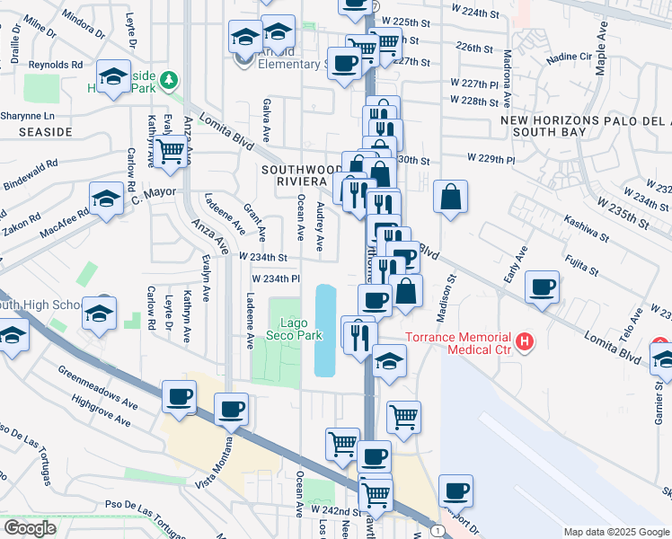 map of restaurants, bars, coffee shops, grocery stores, and more near 3842 West 234th Street in Torrance