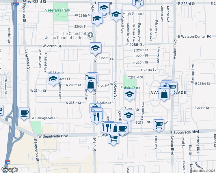 map of restaurants, bars, coffee shops, grocery stores, and more near 150 East 233rd Street in Carson