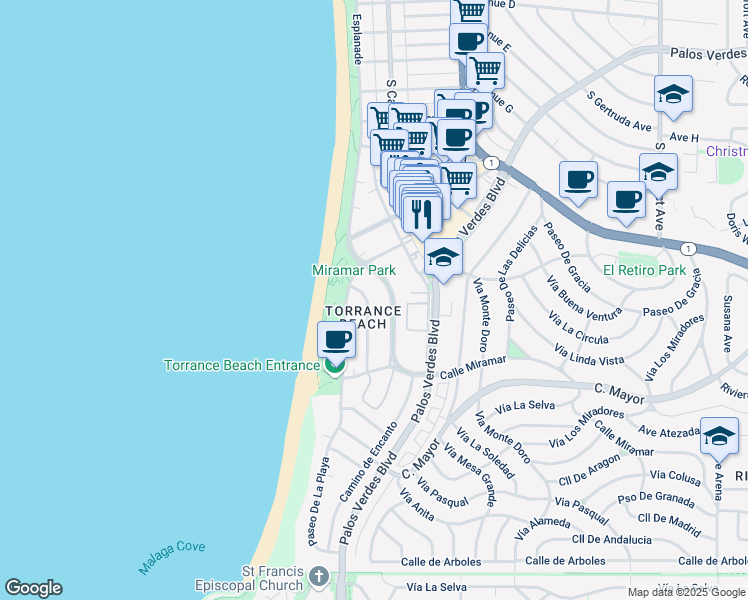 map of restaurants, bars, coffee shops, grocery stores, and more near 122 Paseo De La Concha in Redondo Beach