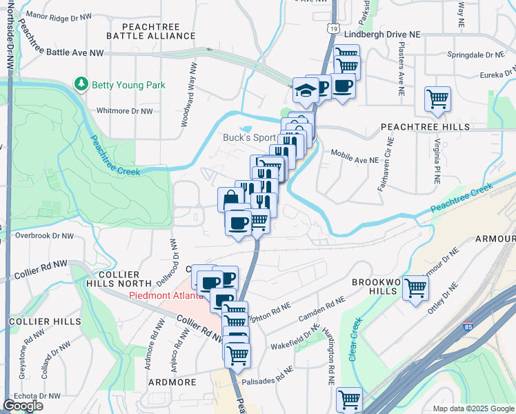map of restaurants, bars, coffee shops, grocery stores, and more near 2171 Peachtree Road Northwest in Atlanta