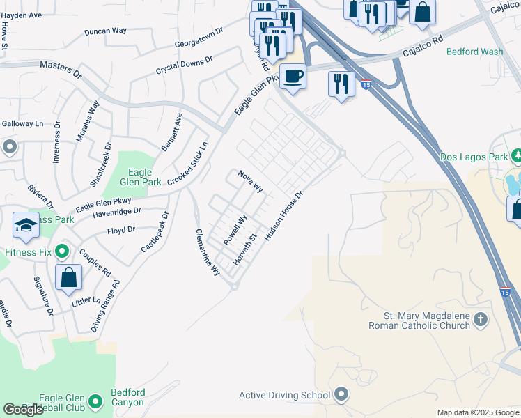 map of restaurants, bars, coffee shops, grocery stores, and more near 4127 Cameron Way in Corona