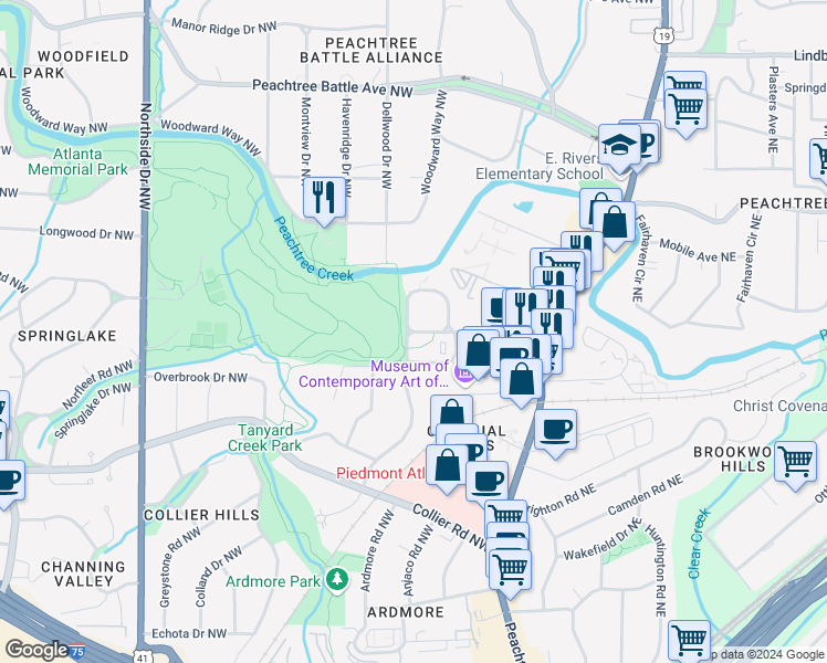 map of restaurants, bars, coffee shops, grocery stores, and more near S Colonial Homes Cir NW & N Colonial Homes Cir NW in Atlanta