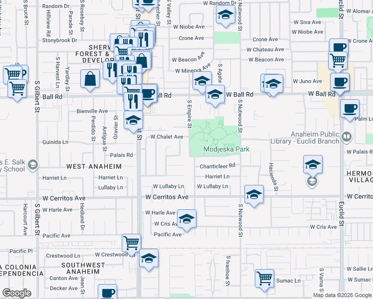 map of restaurants, bars, coffee shops, grocery stores, and more near 1341 South Empire Street in Anaheim