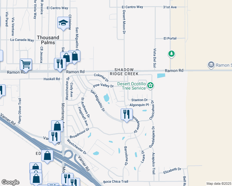 map of restaurants, bars, coffee shops, grocery stores, and more near 32340 Merion Drive in Thousand Palms
