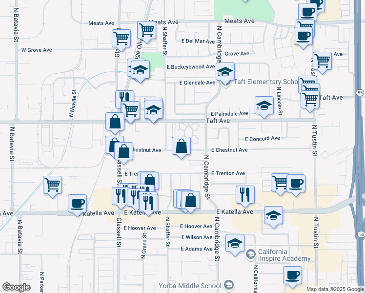 map of restaurants, bars, coffee shops, grocery stores, and more near 621 East Chestnut Avenue in Orange