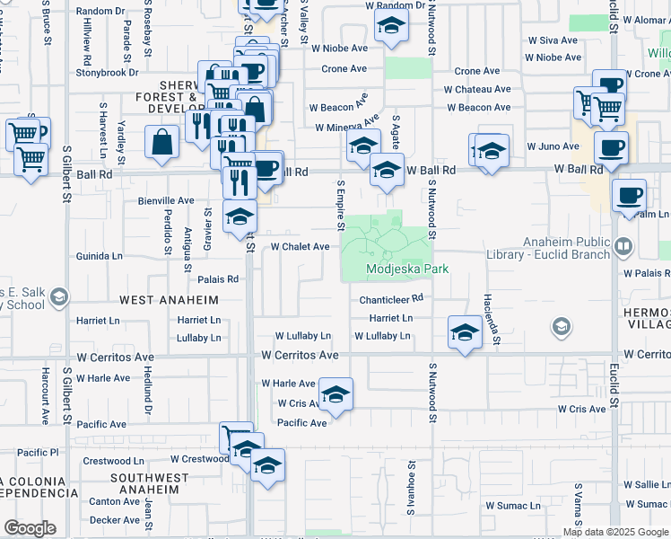 map of restaurants, bars, coffee shops, grocery stores, and more near 1341 South Empire Street in Anaheim