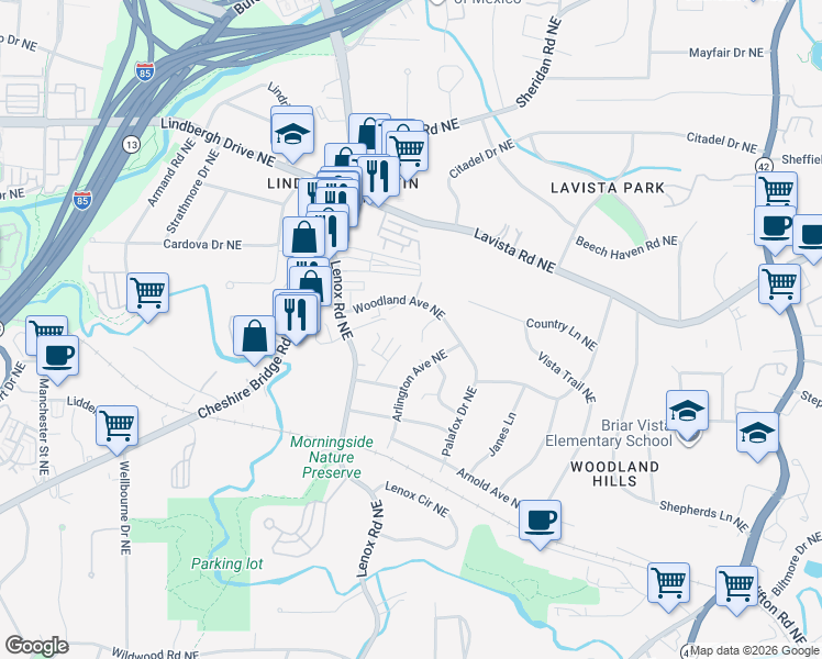 map of restaurants, bars, coffee shops, grocery stores, and more near 1195 Woodland Avenue in Atlanta