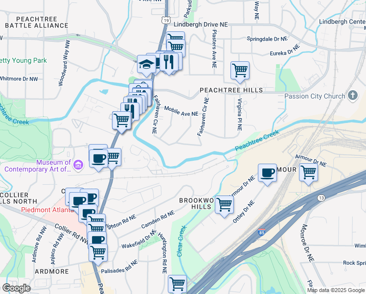 map of restaurants, bars, coffee shops, grocery stores, and more near 2129 Fairhaven Circle Northeast in Atlanta