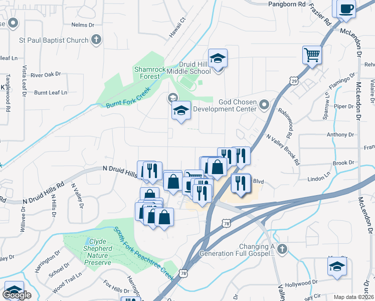 map of restaurants, bars, coffee shops, grocery stores, and more near 2791 Laurel Ridge Drive in Decatur