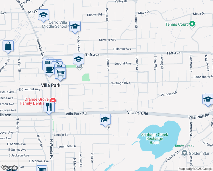 map of restaurants, bars, coffee shops, grocery stores, and more near 10201 Center Drive in Villa Park