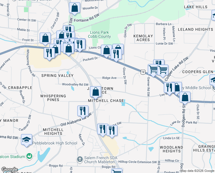 map of restaurants, bars, coffee shops, grocery stores, and more near 547 Ridge Avenue in Mableton