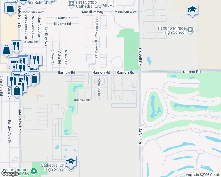 map of restaurants, bars, coffee shops, grocery stores, and more near 69801 Ramon Road in Cathedral City