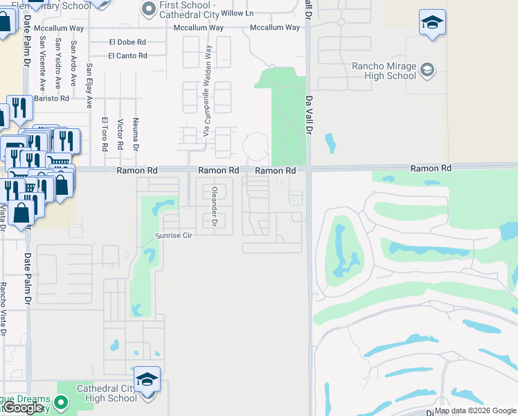 map of restaurants, bars, coffee shops, grocery stores, and more near 69801 Ramon Road in Cathedral City