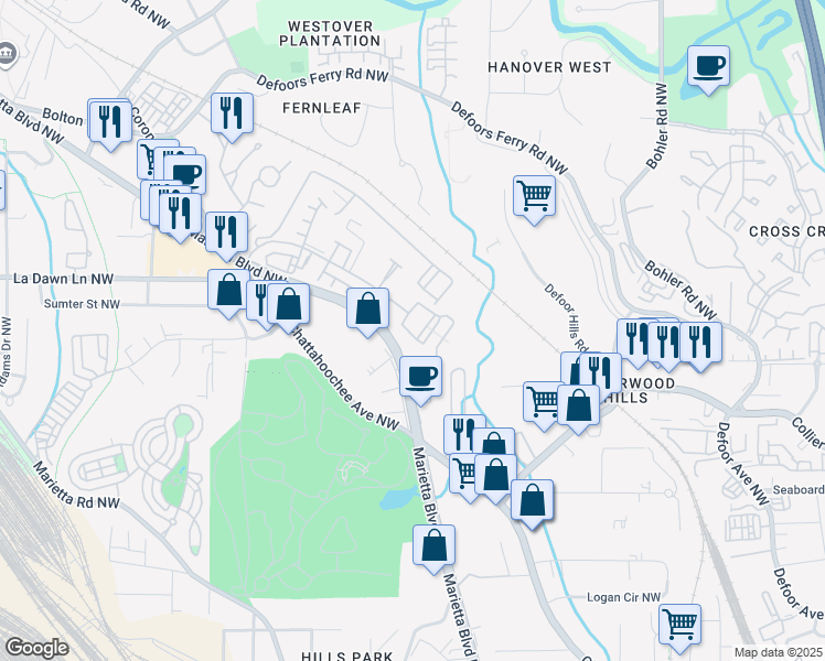 map of restaurants, bars, coffee shops, grocery stores, and more near 2048 Bolton Drive Northwest in Atlanta