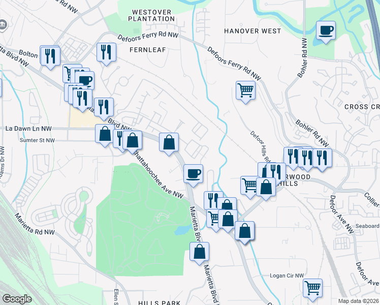 map of restaurants, bars, coffee shops, grocery stores, and more near 2099 Bolton Drive Northwest in Atlanta