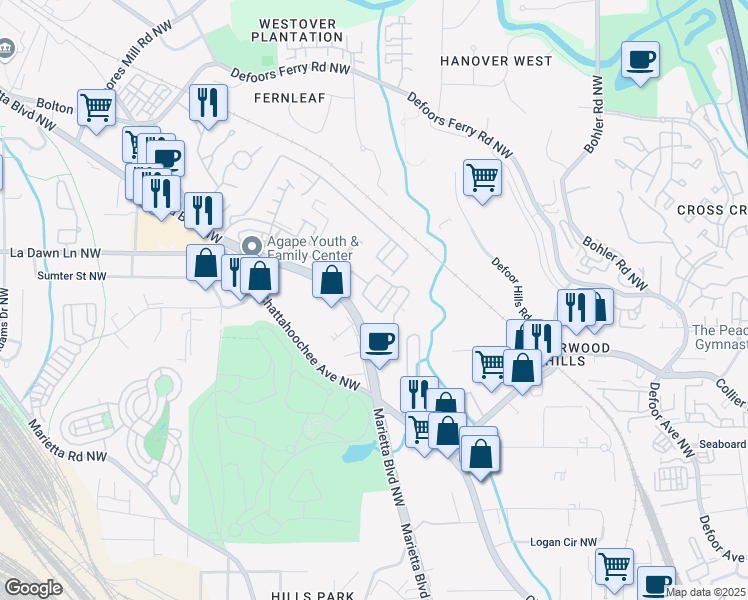 map of restaurants, bars, coffee shops, grocery stores, and more near 2048 Bolton Drive Northwest in Atlanta