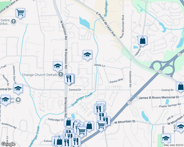 map of restaurants, bars, coffee shops, grocery stores, and more near 4788 Sheila Lane in Stone Mountain