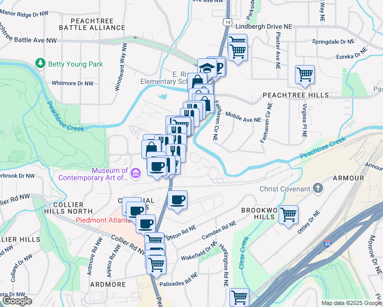 map of restaurants, bars, coffee shops, grocery stores, and more near 3171 Peachtree Park Drive Northeast in Atlanta