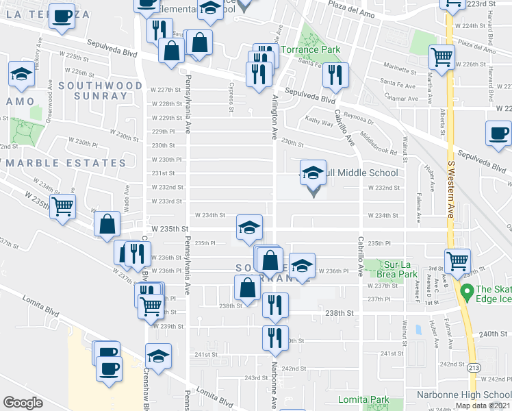 map of restaurants, bars, coffee shops, grocery stores, and more near 2230 West 233rd Street in Torrance