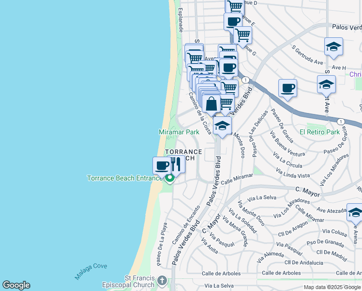 map of restaurants, bars, coffee shops, grocery stores, and more near 113 Paseo De La Concha in Redondo Beach