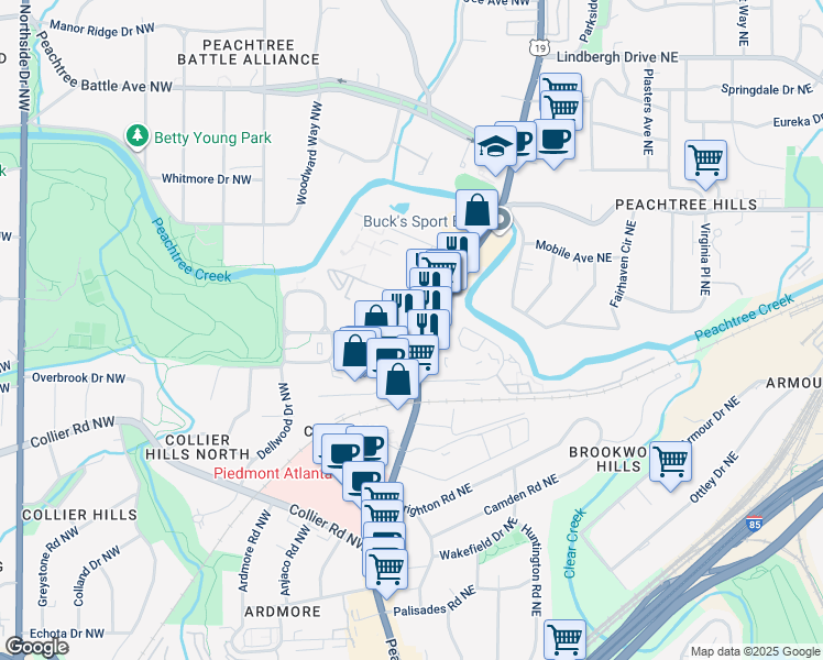 map of restaurants, bars, coffee shops, grocery stores, and more near 2200 Peachtree Road Northwest in Atlanta