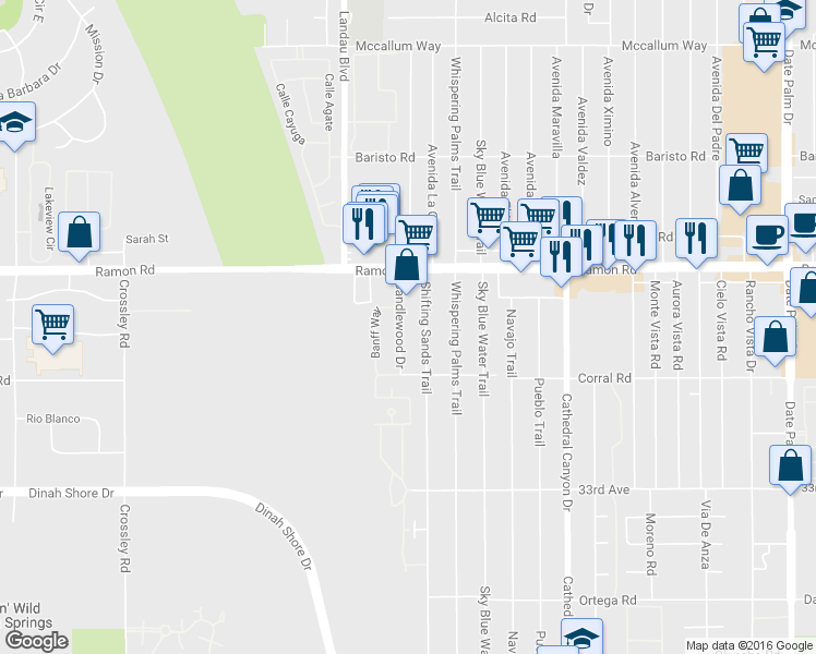 map of restaurants, bars, coffee shops, grocery stores, and more near 32505 Candlewood Drive in Cathedral City