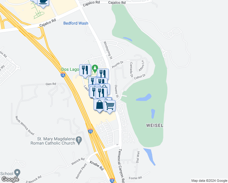 map of restaurants, bars, coffee shops, grocery stores, and more near 4436 Owens Street in Corona