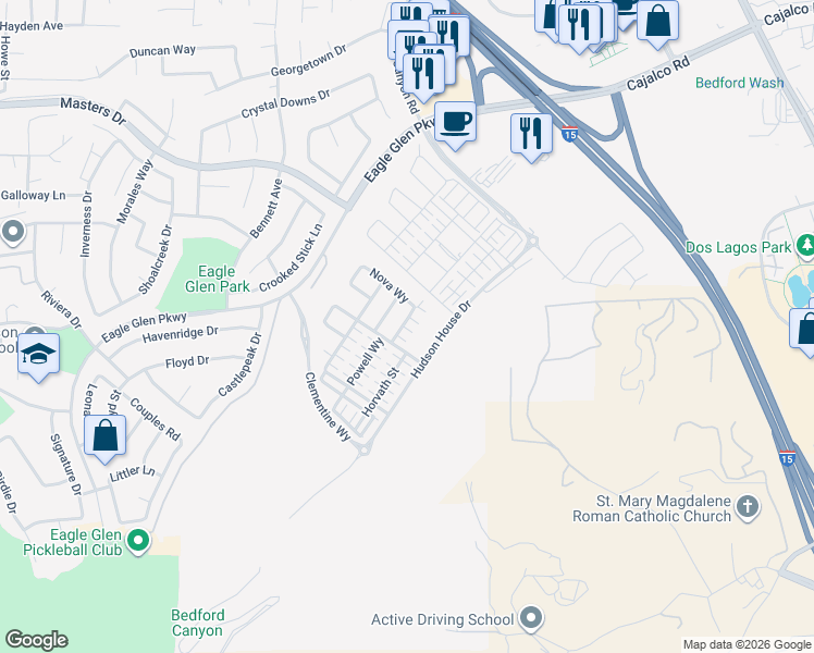 map of restaurants, bars, coffee shops, grocery stores, and more near 4105 Cameron Way in Corona