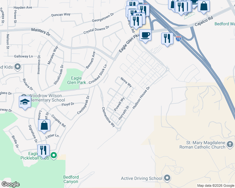 map of restaurants, bars, coffee shops, grocery stores, and more near 2284 Palmer Drive in Corona