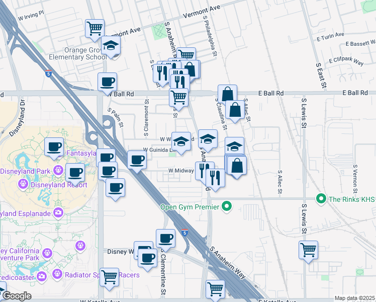 map of restaurants, bars, coffee shops, grocery stores, and more near 100 West Winston Road in Anaheim