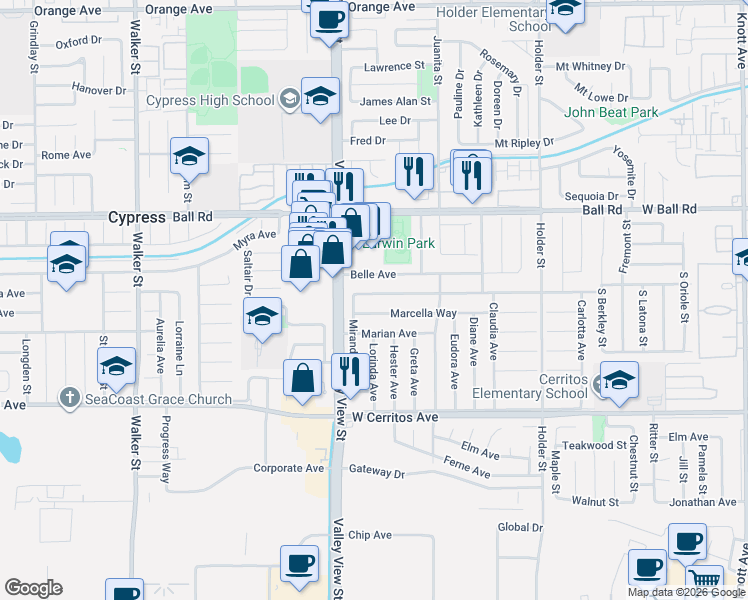 map of restaurants, bars, coffee shops, grocery stores, and more near 6123 West Myra Avenue in Buena Park