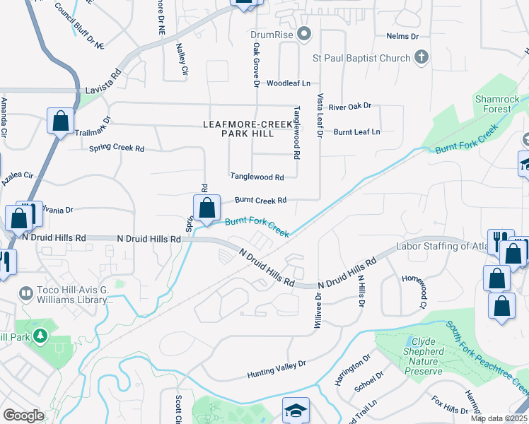 map of restaurants, bars, coffee shops, grocery stores, and more near 2357 Burnt Creek Road in Decatur