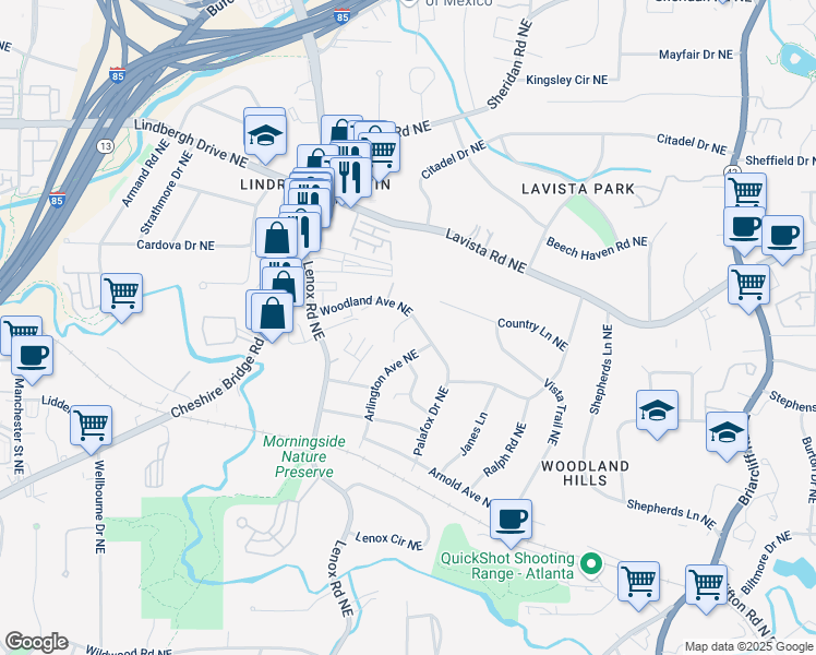 map of restaurants, bars, coffee shops, grocery stores, and more near 1231 Woodland Avenue Northeast in Atlanta