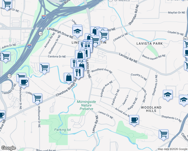 map of restaurants, bars, coffee shops, grocery stores, and more near 2175 Lenox Road Northeast in Atlanta