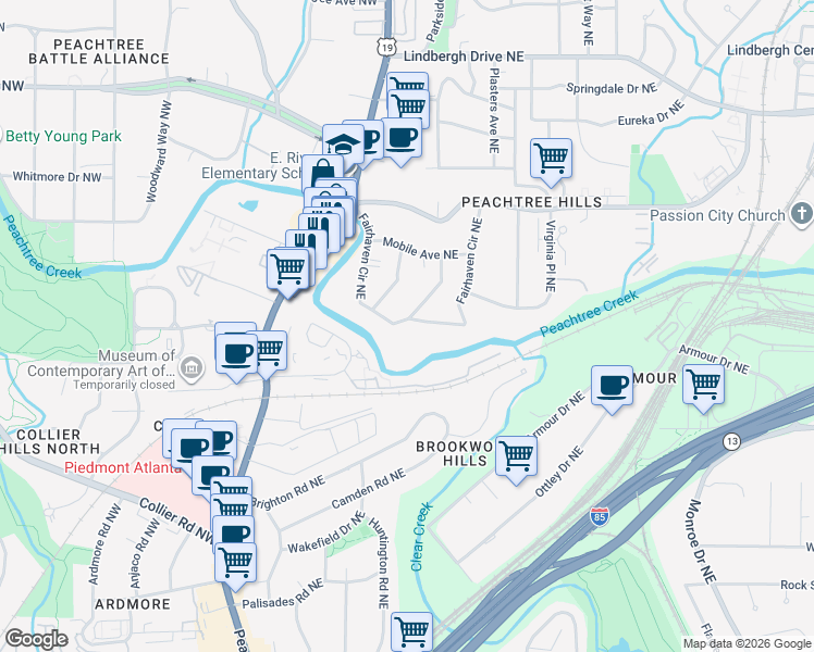 map of restaurants, bars, coffee shops, grocery stores, and more near 2100 Fairhaven Circle Northeast in Atlanta