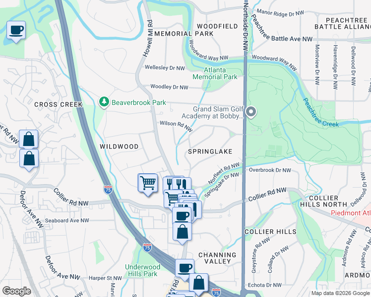 map of restaurants, bars, coffee shops, grocery stores, and more near 2158 Belvedere Drive Northwest in Atlanta