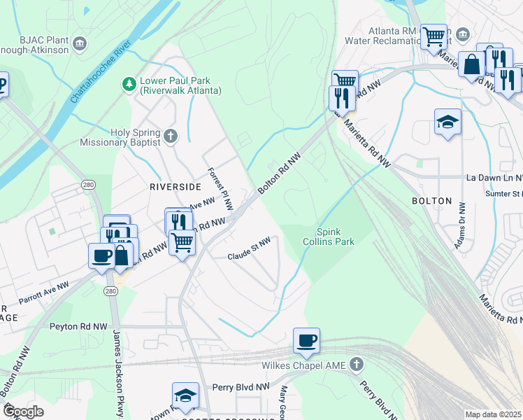 map of restaurants, bars, coffee shops, grocery stores, and more near 2200 Collins Ridge Drive Northwest in Atlanta