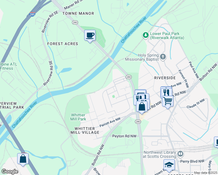 map of restaurants, bars, coffee shops, grocery stores, and more near 2152 Old Georgian Terrace in Atlanta