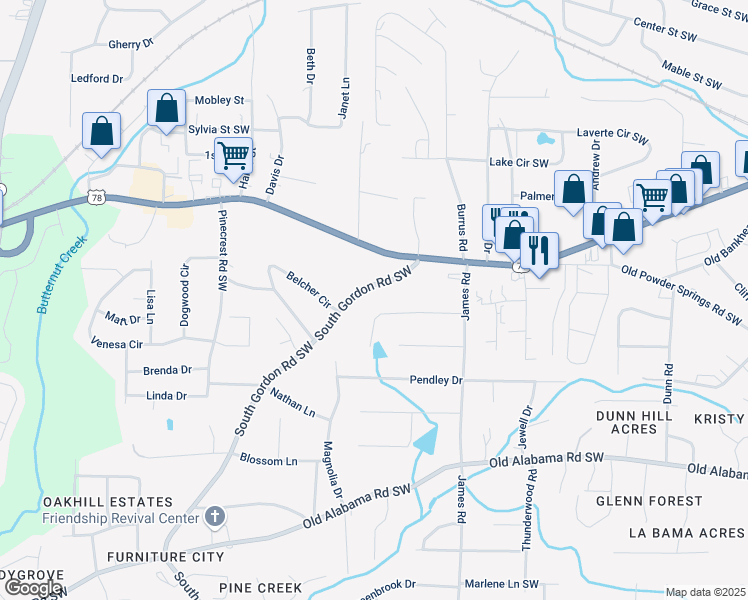 map of restaurants, bars, coffee shops, grocery stores, and more near 5747 South Gordon Road Southwest in Austell