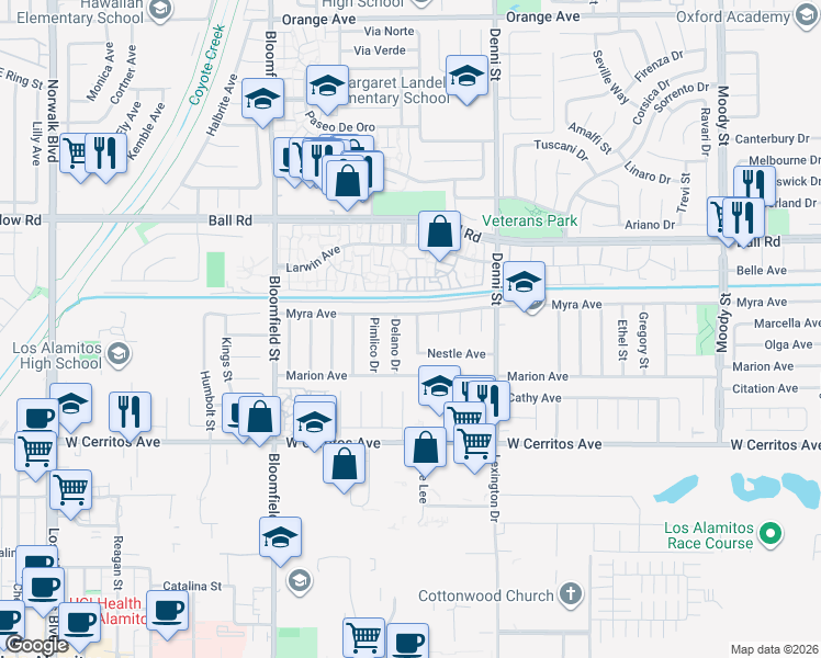 map of restaurants, bars, coffee shops, grocery stores, and more near 4311 Myra Avenue in Cypress