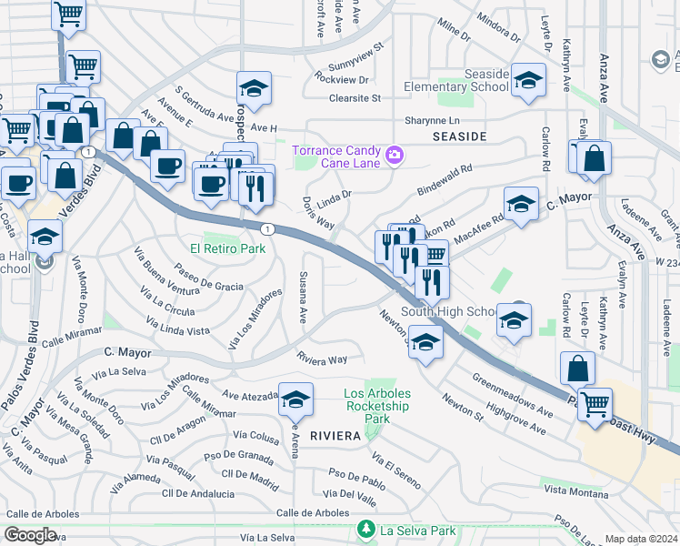 map of restaurants, bars, coffee shops, grocery stores, and more near 5510 Greenmeadows Street in Torrance