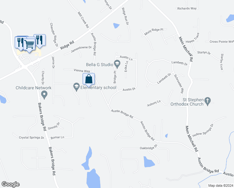 map of restaurants, bars, coffee shops, grocery stores, and more near 120 Austin Drive in Douglasville